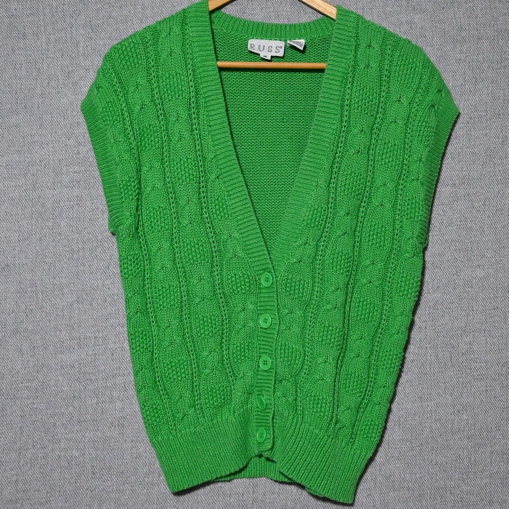 Russ Sweater Vest Womens Vintage Cable Knit Button Front Hong Kong M Green